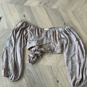 Taupe Off-Shoulder Crop Top with Balloon Sleeves